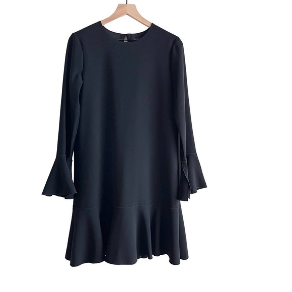 Theory Marah Black Maxyne‎ Crepe Dress Flounce Hem Bell Sleeve, Size 8 - Picture 2 of 15